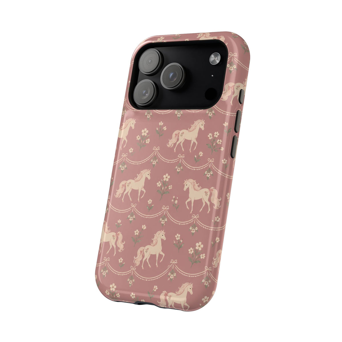 Rose Ponies MagSafe Phone Case, glossy wide-camera Pro model, angled rear view