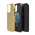 Honey Paisley MagSafe Phone Case, glossy square triple-camera Pro model, exploded shell and liner with magnetic ring
