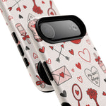 Romantic Love Doodle Tough iPhone Case ("LOVE", hearts, roses) (MagSafe compatible)  Shamo's