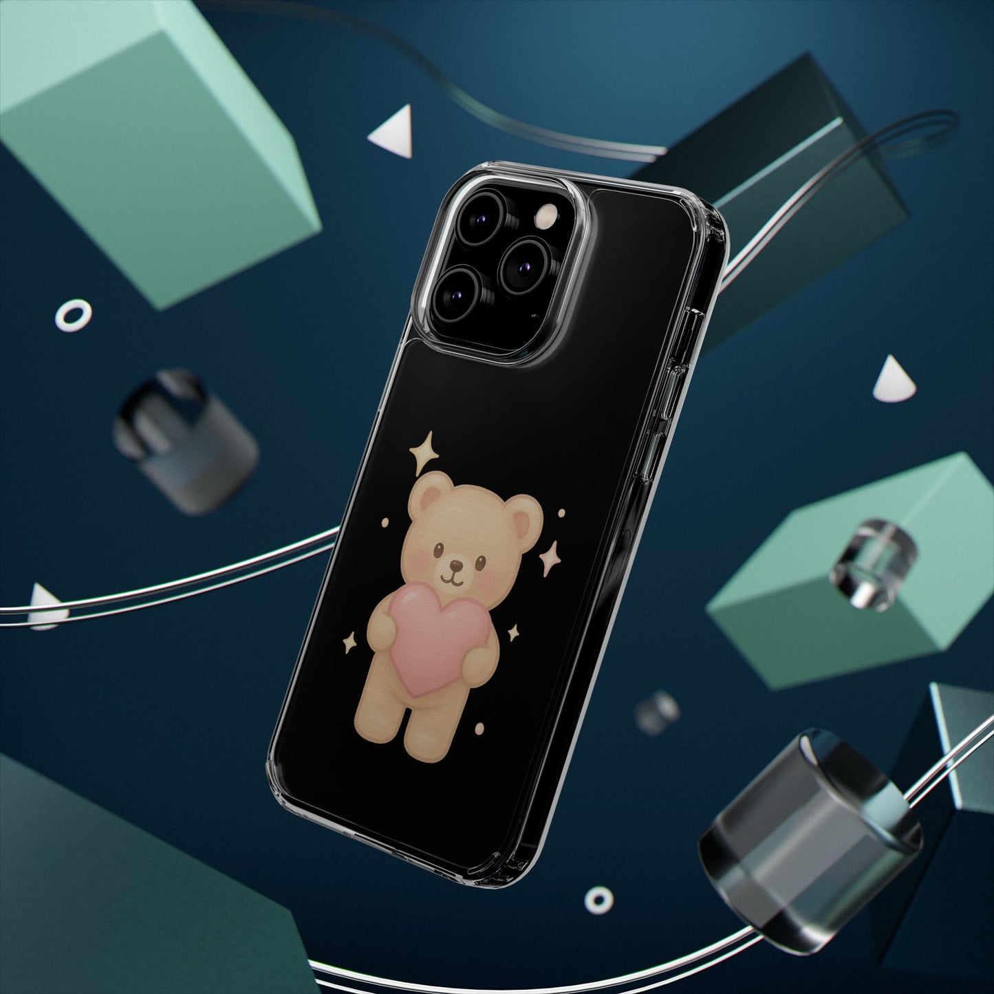 Romantic Teddy Bear Impact-Resistant iPhone Case with Heart Design