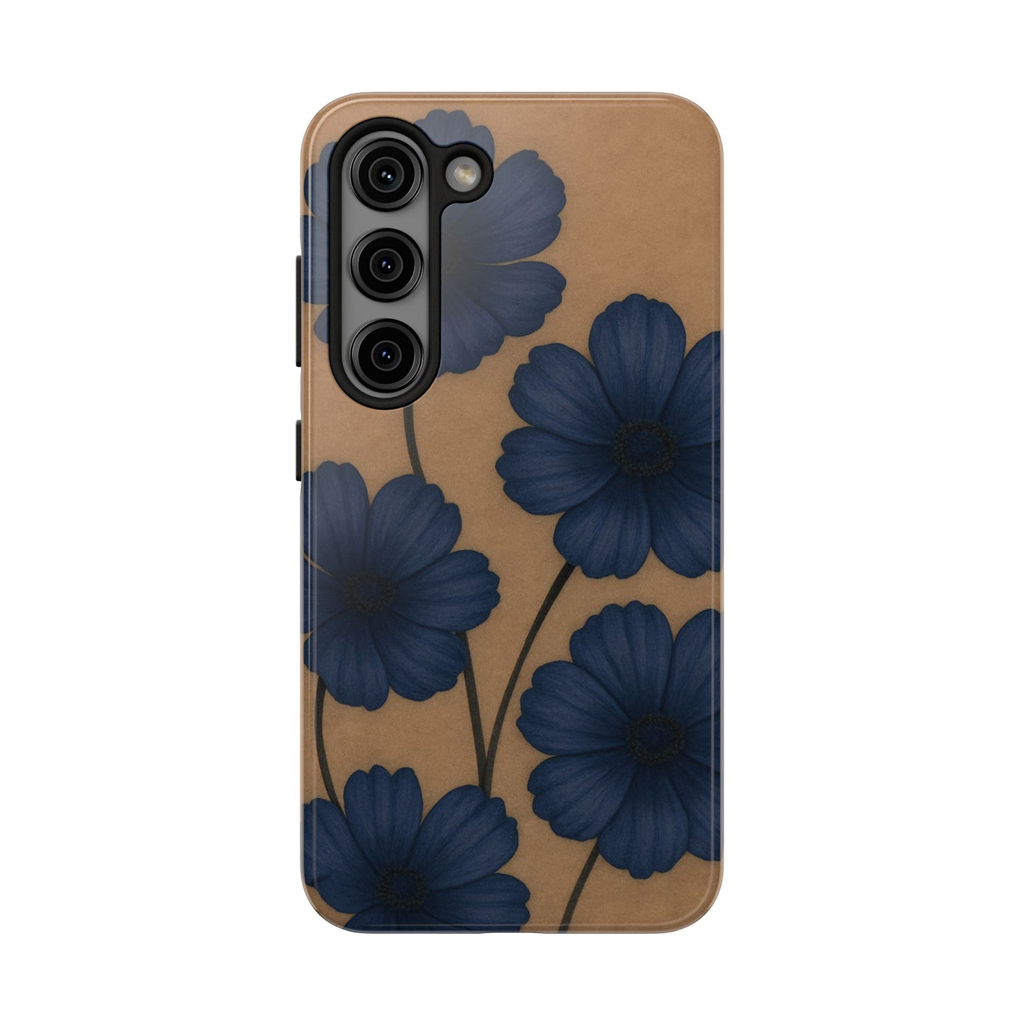 Navy Floral Tough iPhone Case — Durable Protective Case with Blue Flowers on Kraft Background