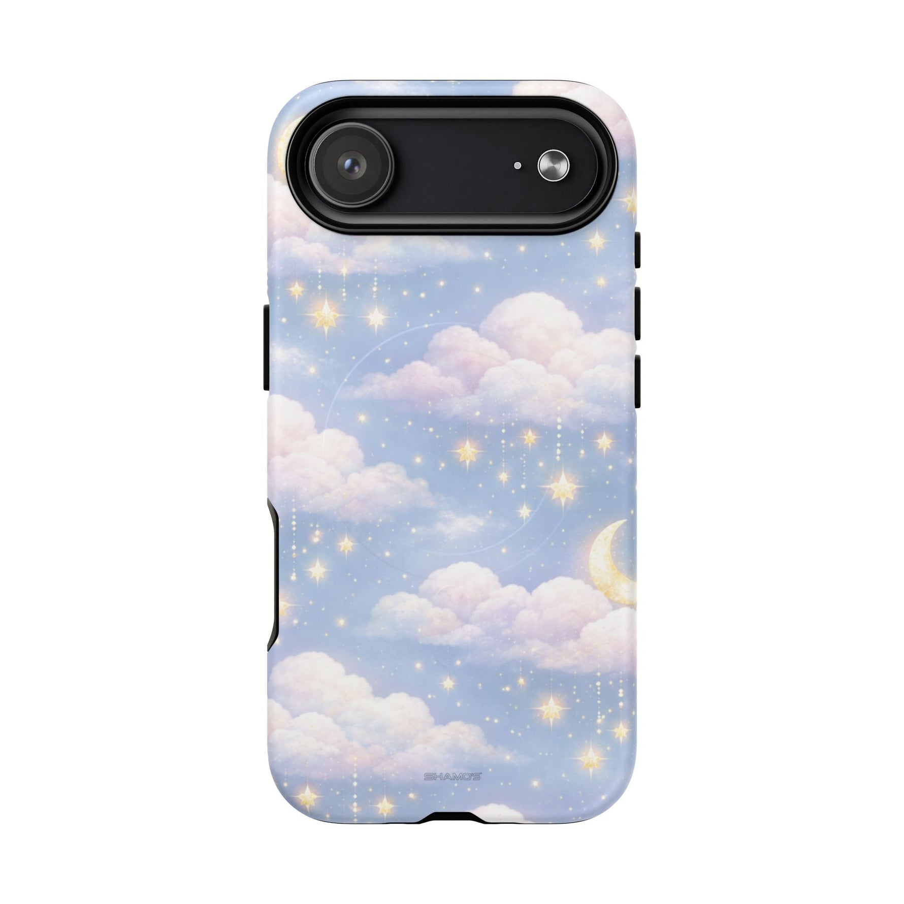 Phone case with pastel sky design, fluffy clouds, crescent moon, and hanging stars, small size