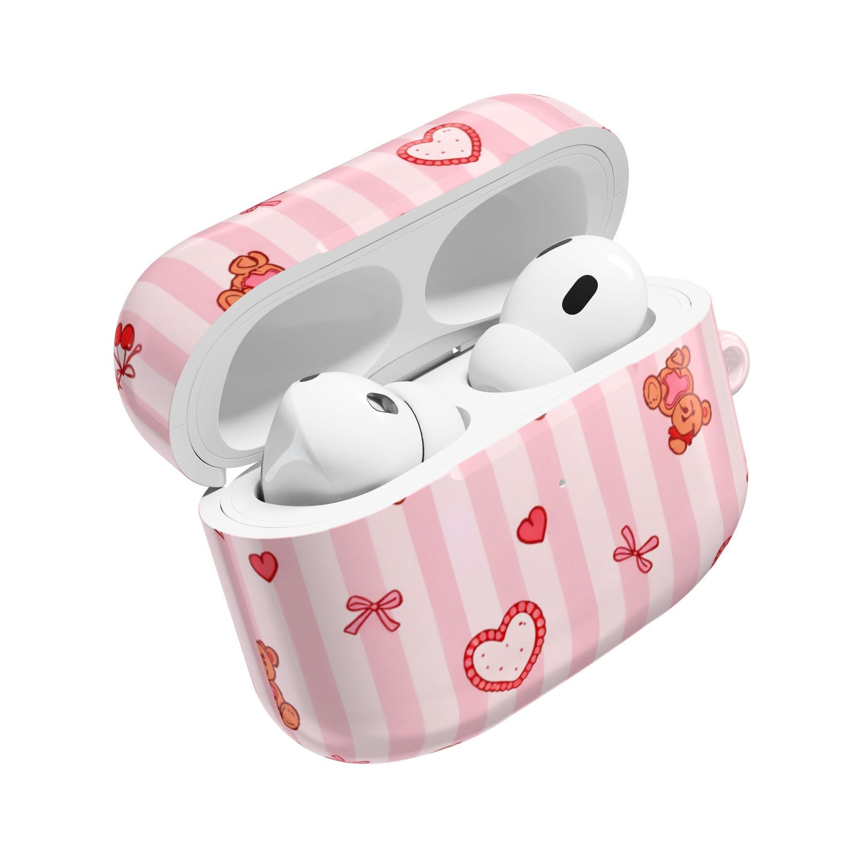 Pink Teddy Hearts AirPod Case, Cute Striped Protective Cover