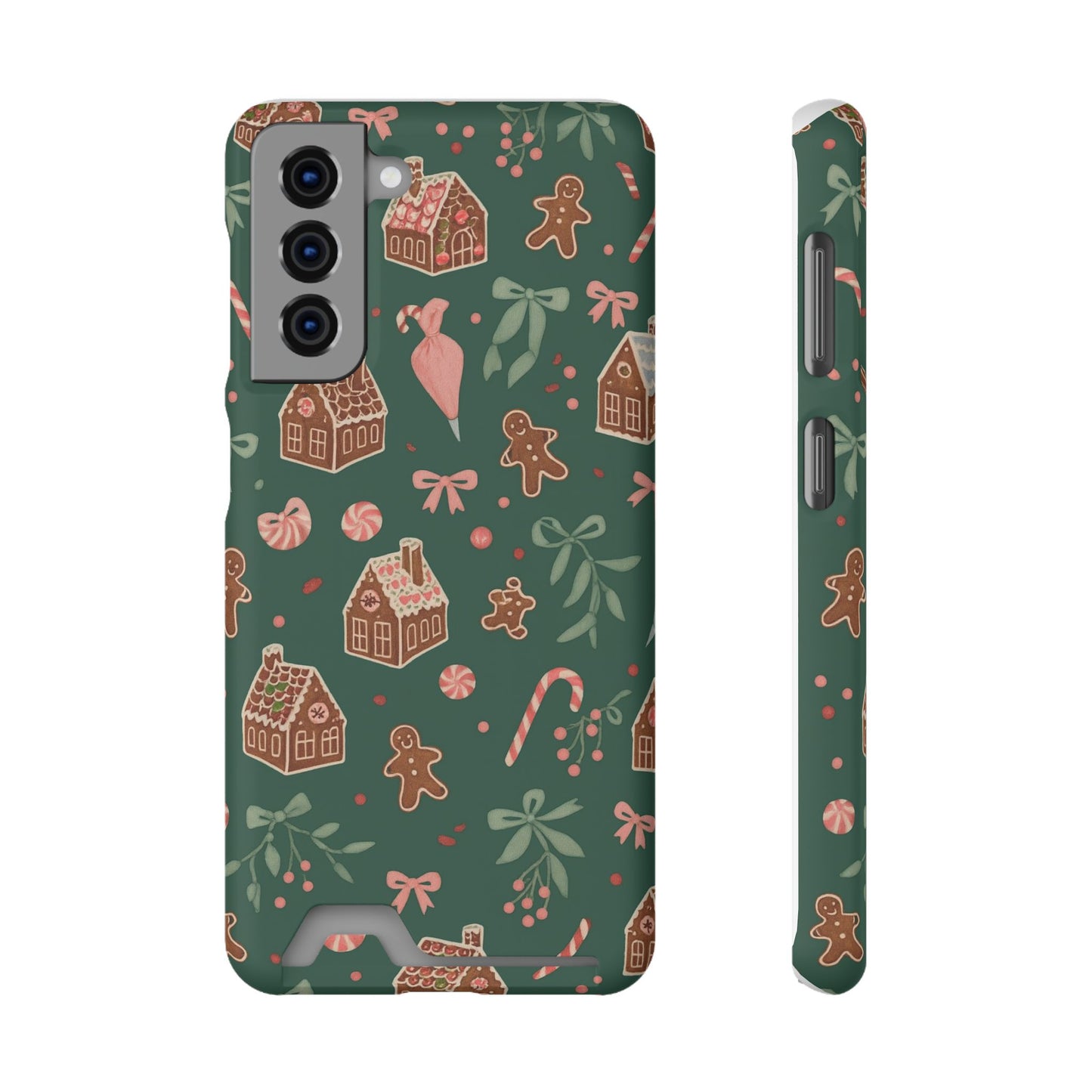 Holiday Gingerbread Phone Case with Card Holder — Festive Green Candy Cane Design