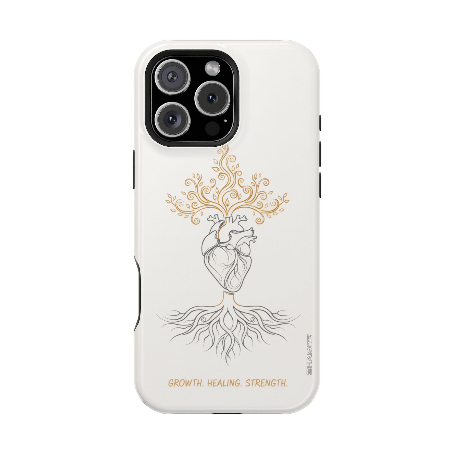 Minimalist Impact-Resistant iPhone Case, Heart Root Illustration ("Growth. Healing. Strength.") MagSafe Compatible - iPhone 16 Pro Max / Glossy - Shamo's
