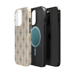 Desert Diamonds – Pastel Geometric Pattern MagSafe Phone Case, glossy square triple-camera Pro model, exploded shell and liner with magnetic ring
