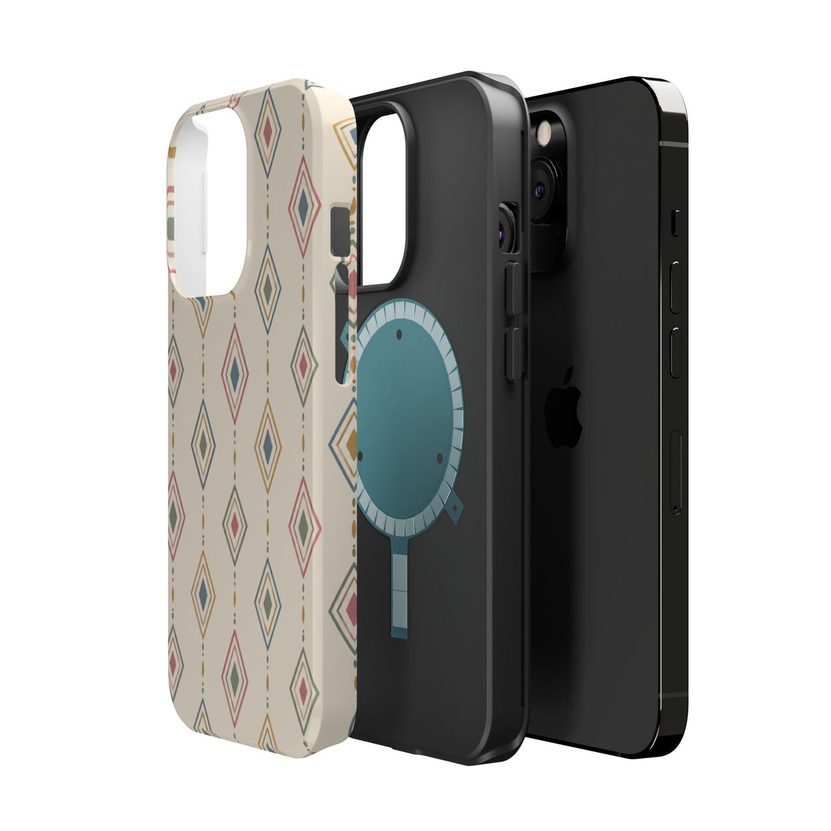 Desert Diamonds – Pastel Geometric Pattern MagSafe Phone Case, glossy square triple-camera Pro model, exploded shell and liner with magnetic ring