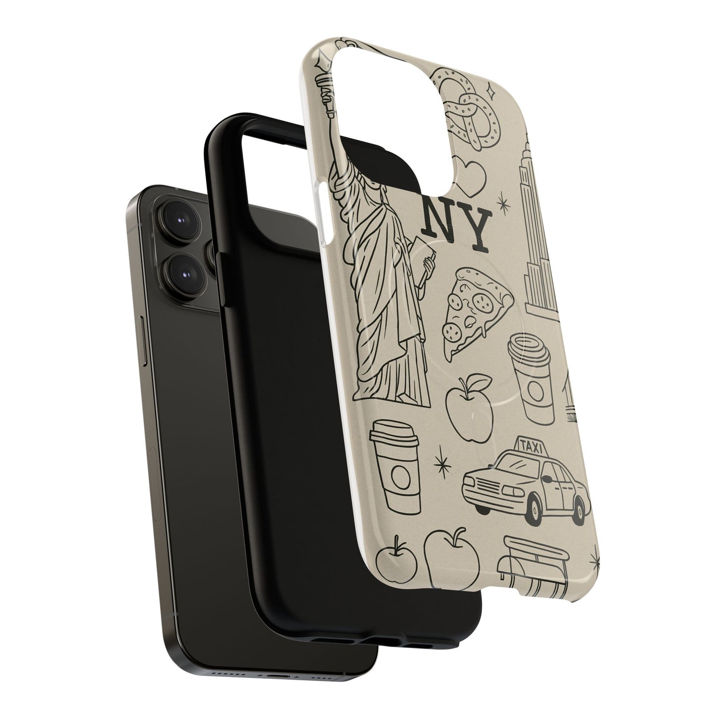 NY City Icons Tough iPhone Case — Statue of Liberty, Pizza & Taxi Pattern | Compatible with MagSafe