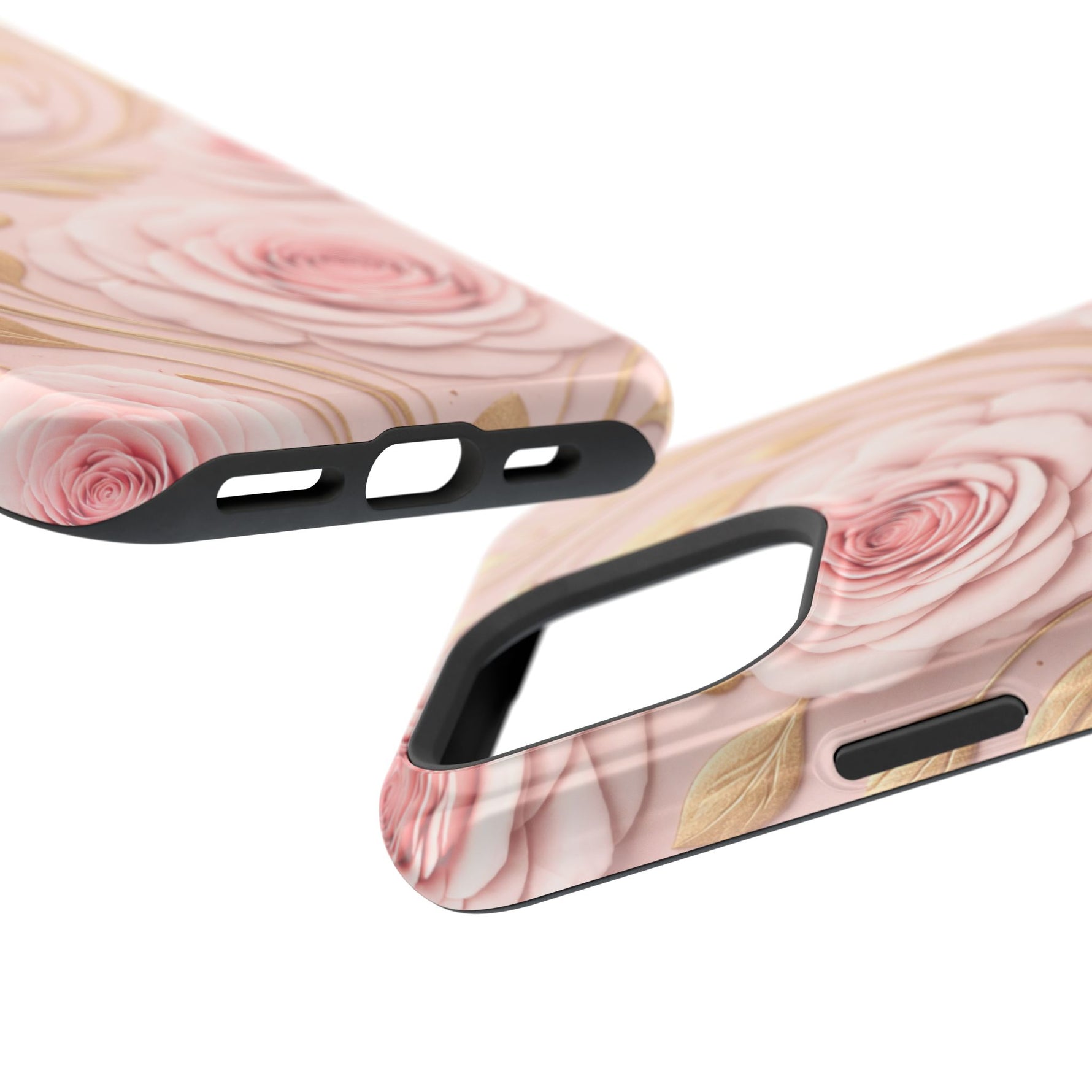 Floral Pink Rose MagSafe iPhone Case, Gold Leaf Magnetic Impact-Resistant