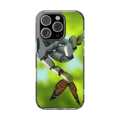 Clear Cases for iPhone 14 Series with Robotic hand and Butterfly.