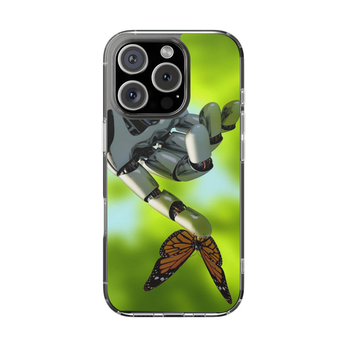 Clear Cases for iPhone 14 Series with Robotic hand and Butterfly.