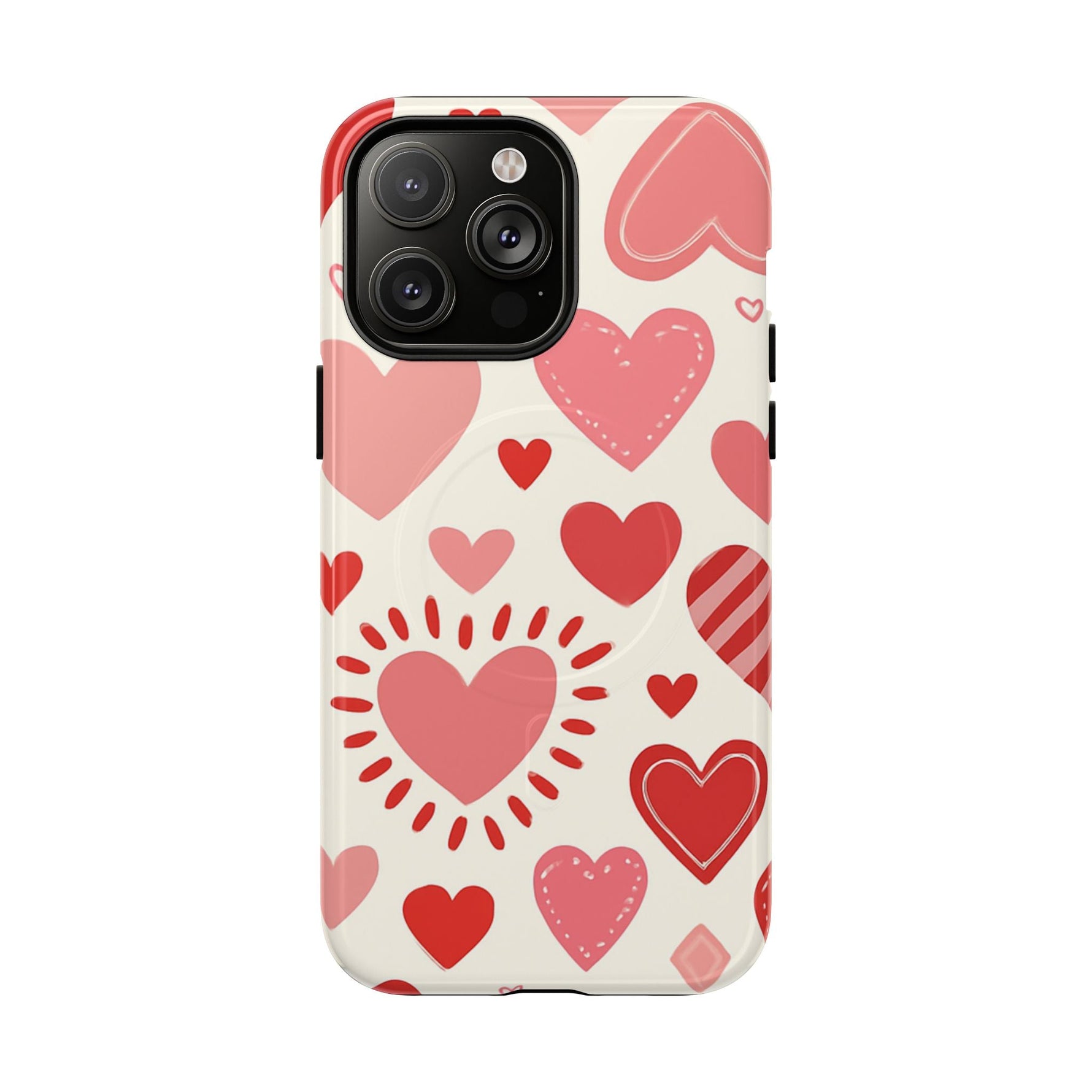 Heart Pattern Tough iPhone Case — Cute Red & Pink Hearts Protective Cover (MagSafe compatible)  Shamo's iPhone 14 Pro Max / Glossy