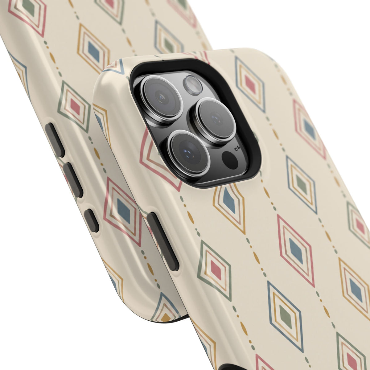 Desert Diamonds – Pastel Geometric Pattern MagSafe Phone Case, glossy square triple-camera Pro model, camera and side-button close-up