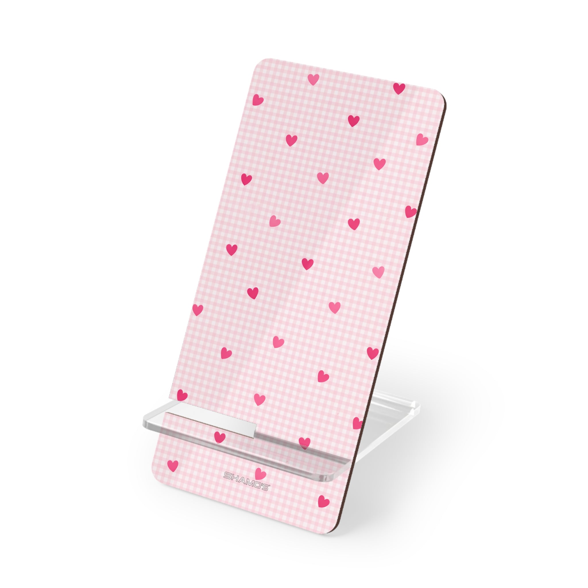 Pink Heart Check Phone Stand, Foldable Mobile Display Stand for Smartphones