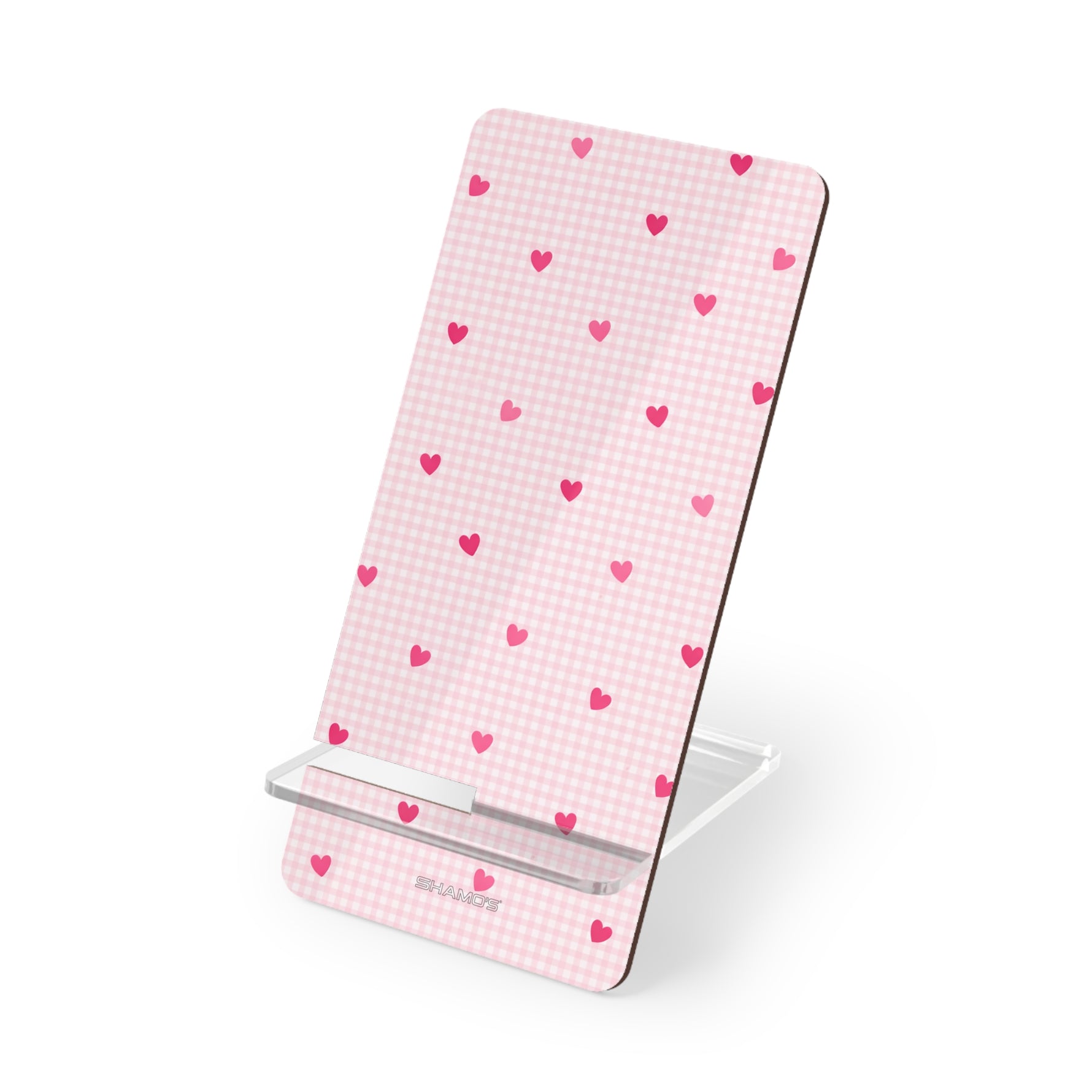 Pink Heart Check Phone Stand, Foldable Mobile Display Stand for Smartphones