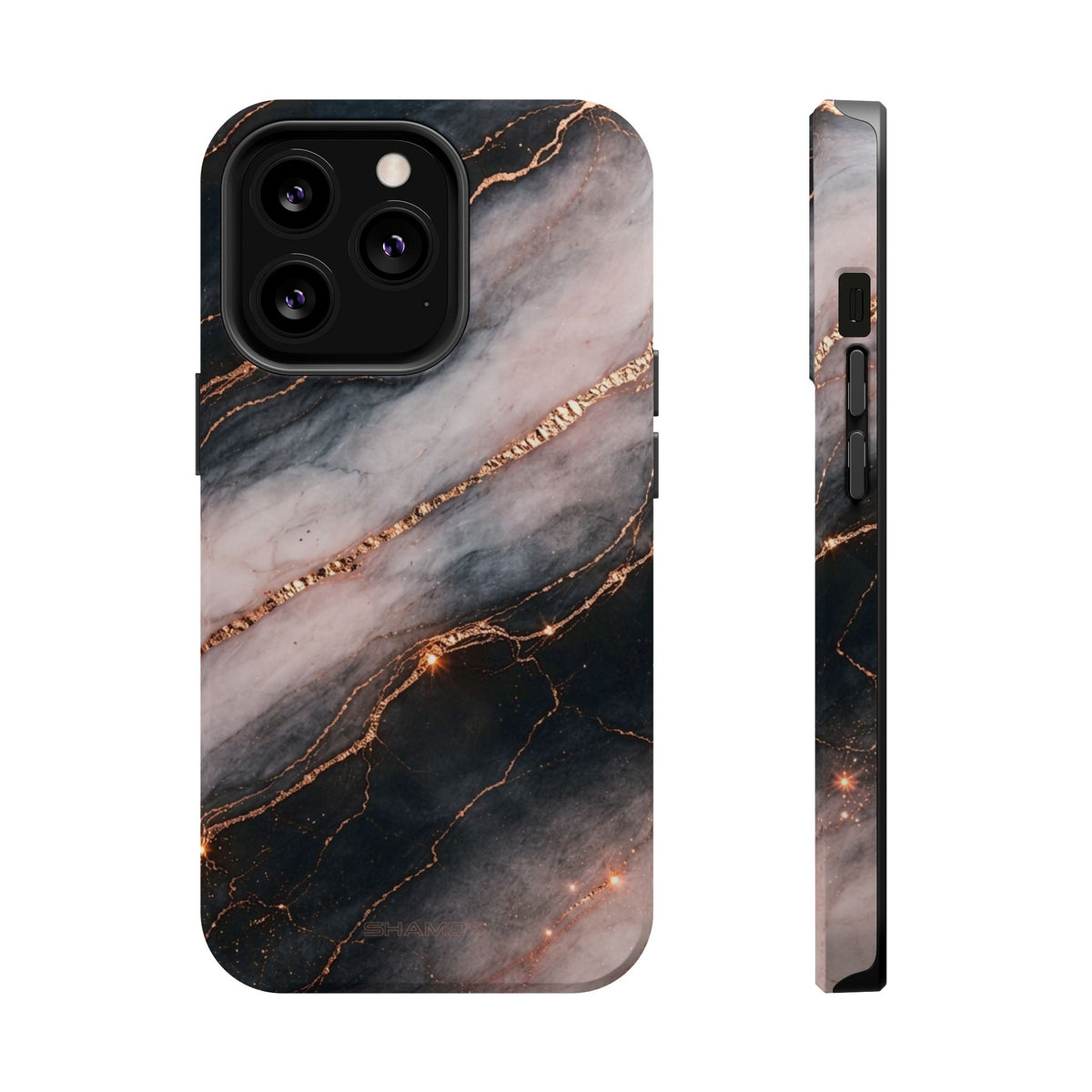 Marbled Black & Rose Gold Magnetic MagSafe Compatible Phone Case — Impact-Resistant