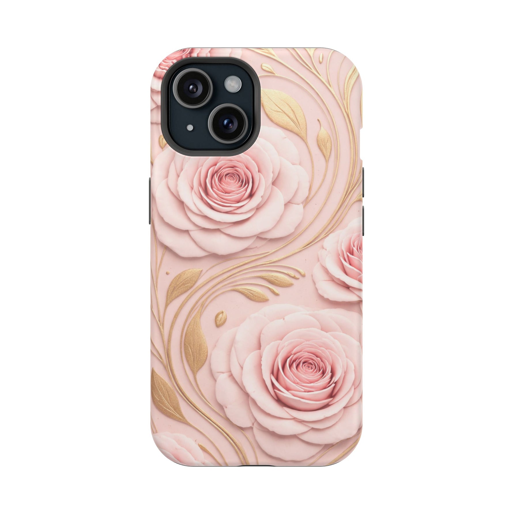 Floral Pink Rose MagSafe iPhone Case, Gold Leaf Magnetic Impact-Resistant