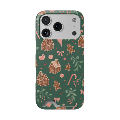 Holiday Gingerbread Phone Case with Card Holder — Festive Green Candy Cane Design