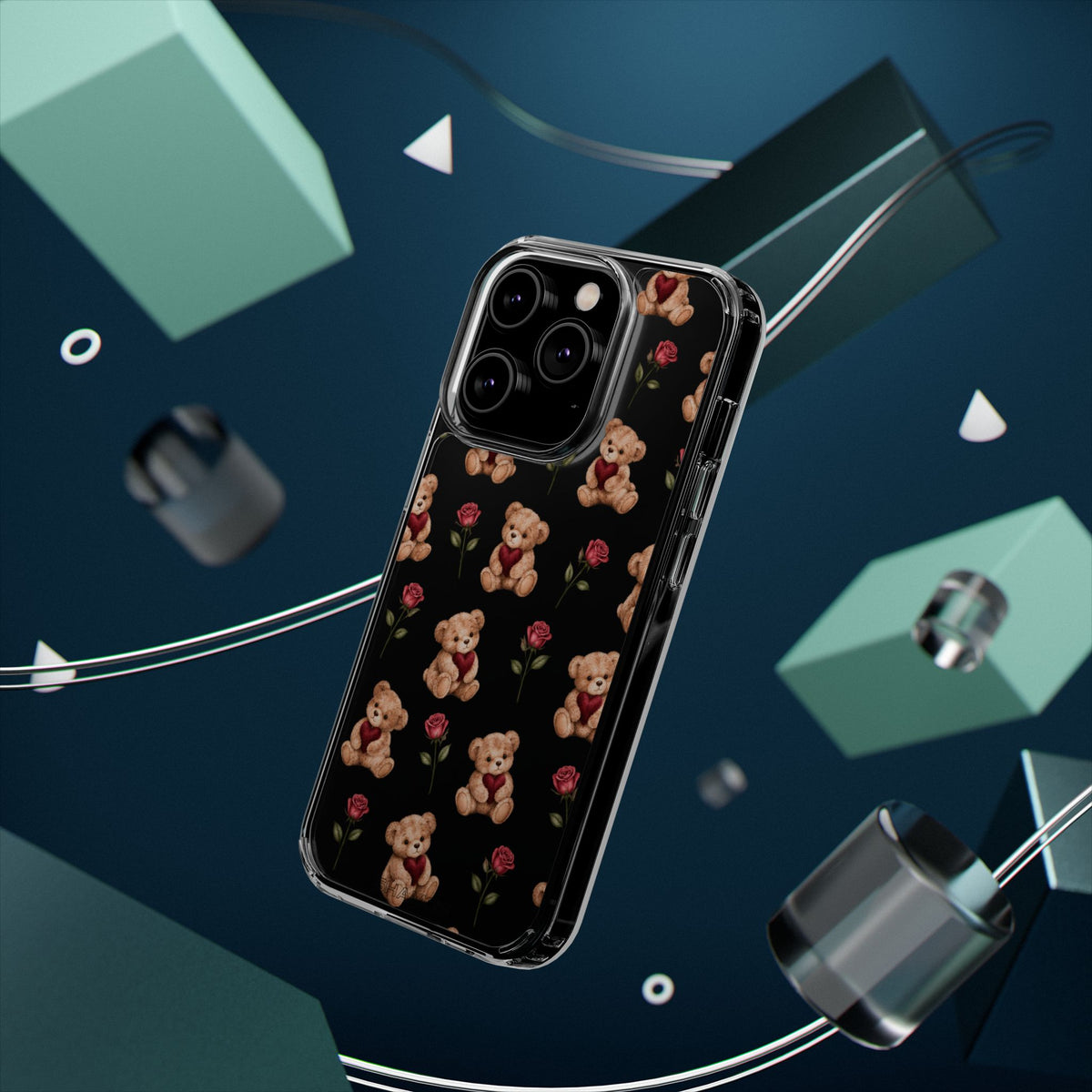 Romantic Teddy Bear Impact-Resistant Phone Case with Heart Design