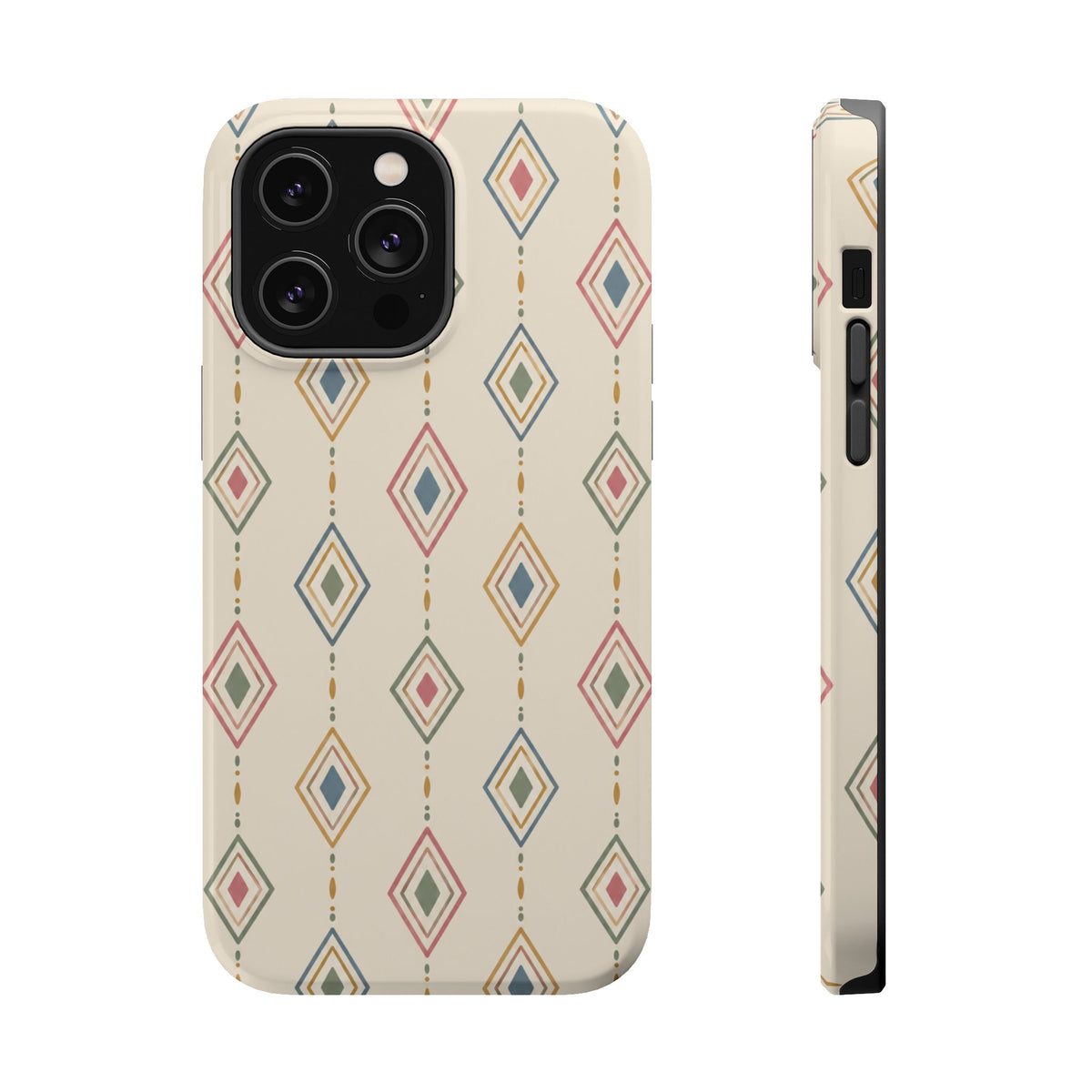 Desert Diamonds – Pastel Geometric Pattern MagSafe Phone Case, glossy iPhone 14 Pro Max, rear and side profile