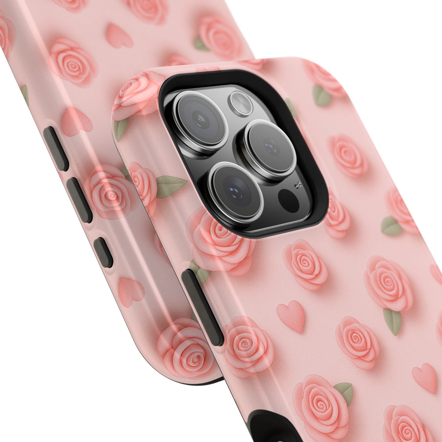 Pink Rose Pattern Impact iPhone Case — Floral Hearts Protective Cover (MagSafe compatible)  Shamo's
