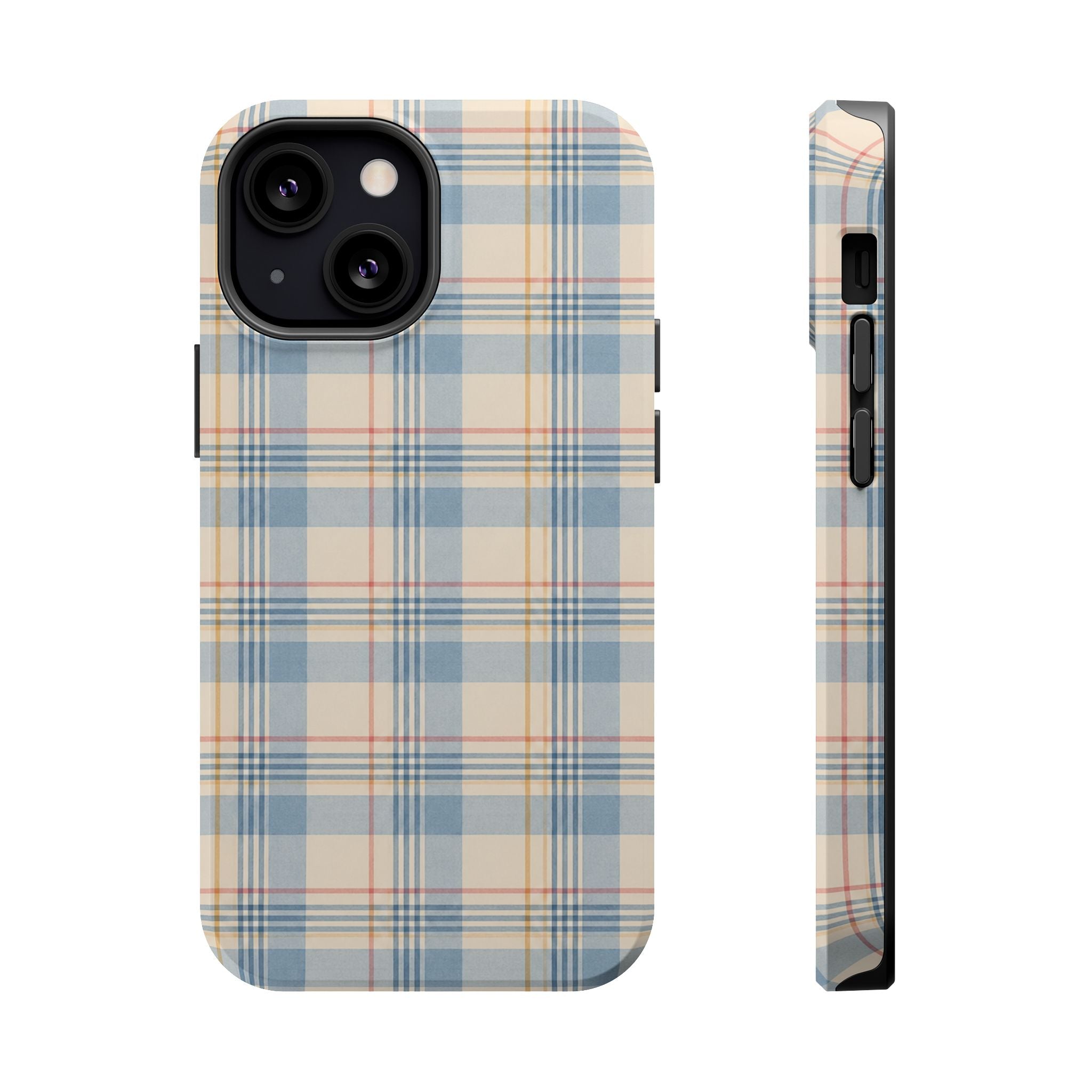 Ranch Check – Blue and Cream Plaid MagSafe Phone Case, glossy iPhone 13 Mini, rear and side profile