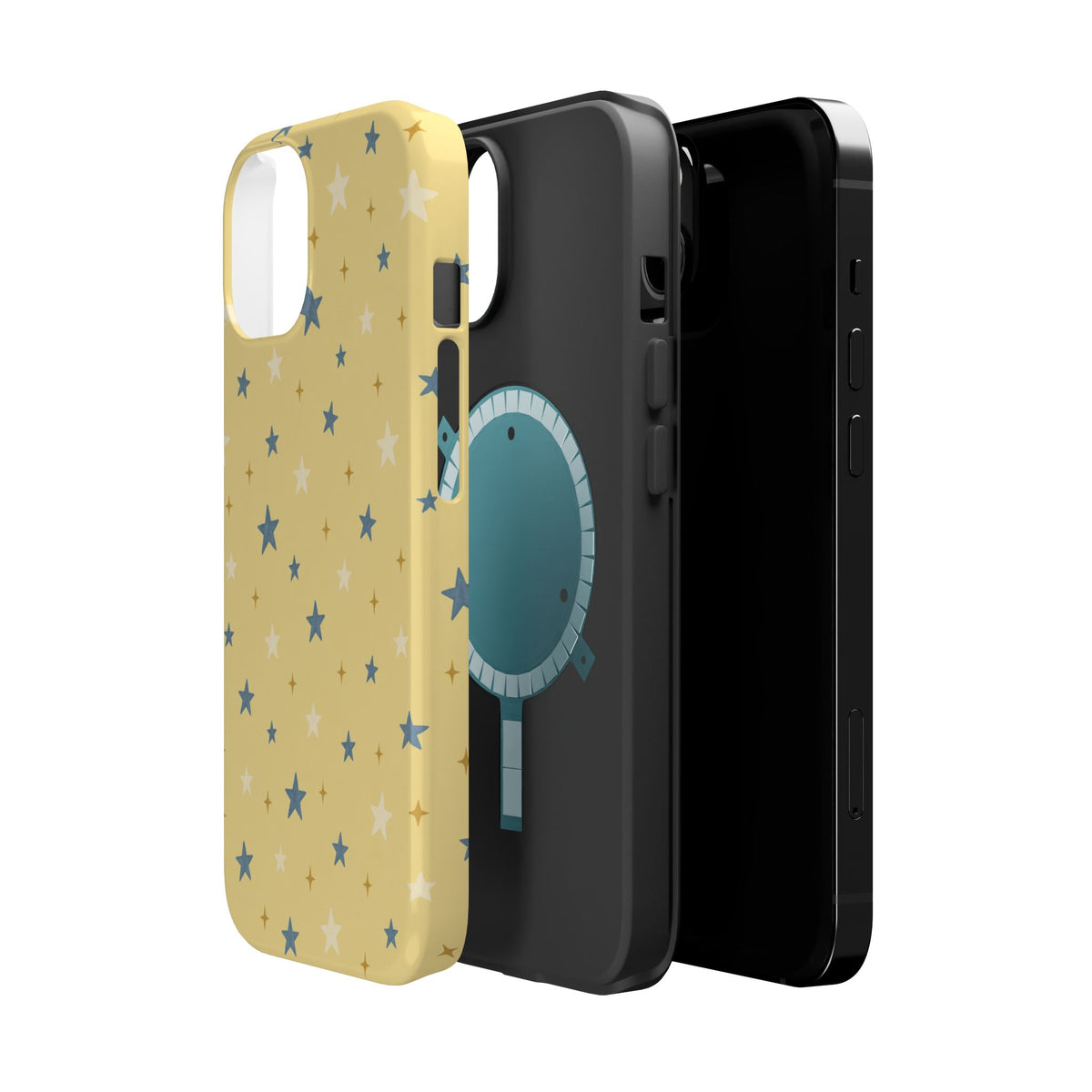 Prairie Stars – Yellow and Blue Star MagSafe Phone Case, glossy diagonal dual-camera model, exploded shell and liner with magnetic ring