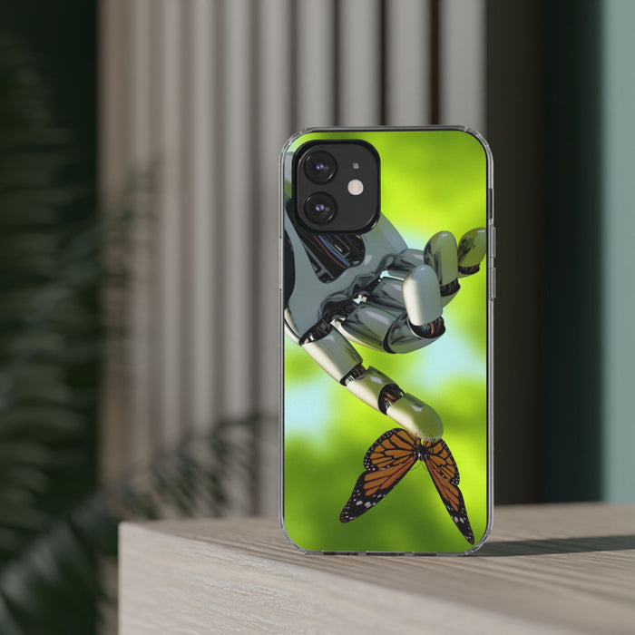 Clear Cases for iPhone 14 Series with Robotic hand and Butterfly.
