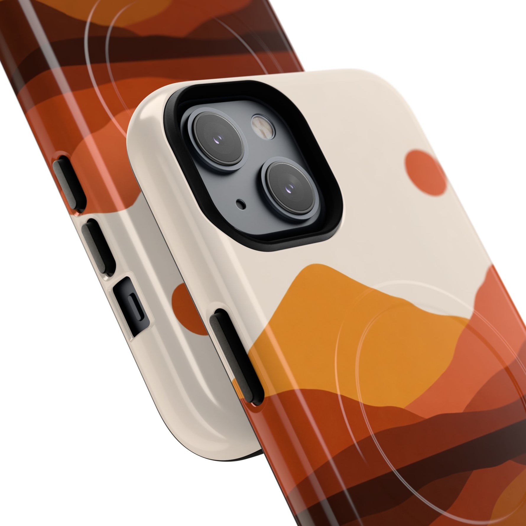 Close-up of two iPhone cases with sunset mountain design in beige, orange, and brown variant sizes