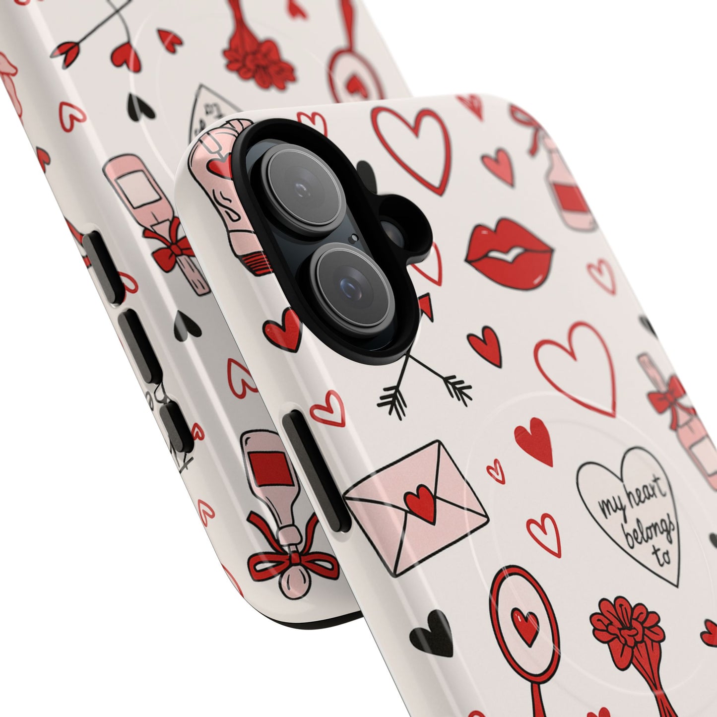 Romantic Love Doodle Tough iPhone Case ("LOVE", hearts, roses) (MagSafe compatible)