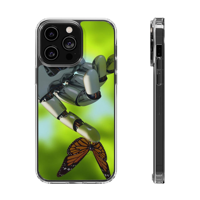 Clear Cases for iPhone 14 Series with Robotic hand and Butterfly.