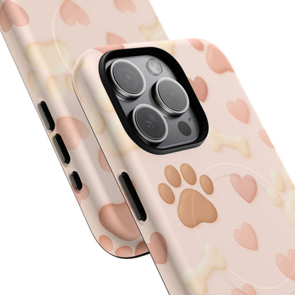 Pet Paw Pattern Phone Case — Pink Puppy Hearts & Bones with MagSafe