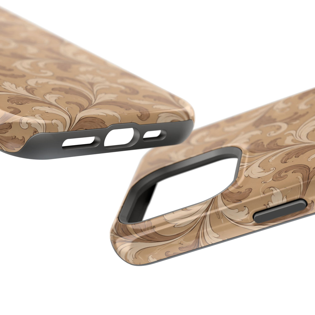 Saddle Scrolls – Tan Western Scrollwork MagSafe Phone Case, glossy square triple-camera Pro model, port openings and edge details