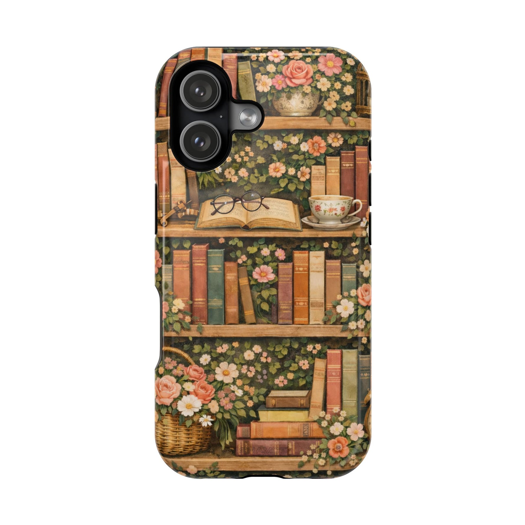Floral Bookshelf iPhone Case — MagSafe Magnetic, Impact-Resistant