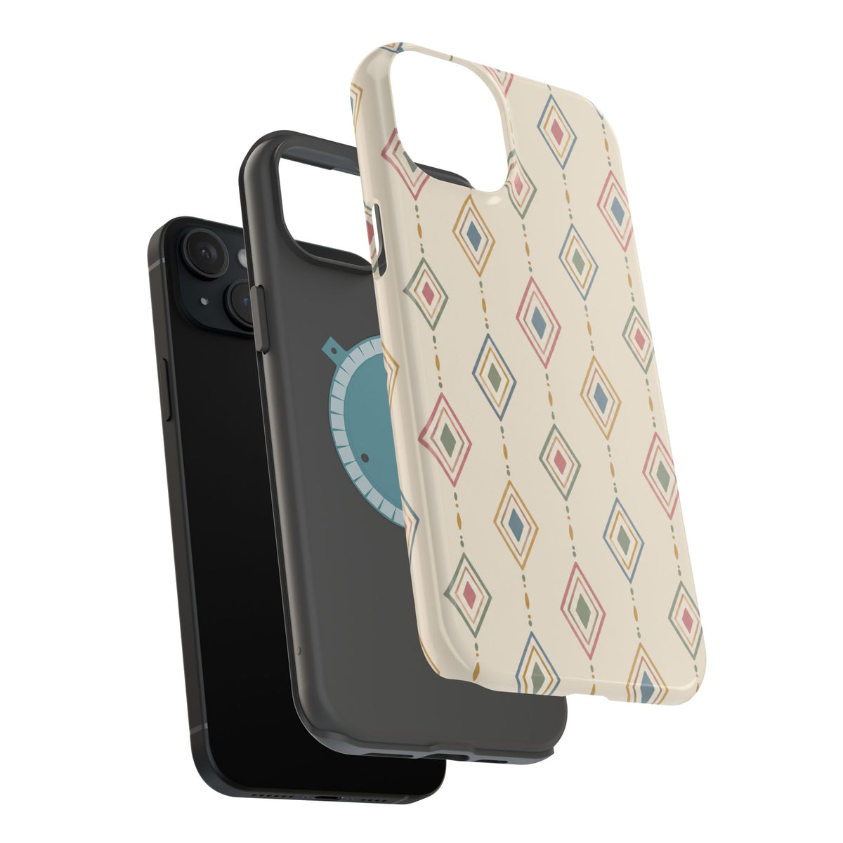 Desert Diamonds – Pastel Geometric Pattern MagSafe Phone Case, glossy diagonal dual-camera model, exploded shell and liner with magnetic ring