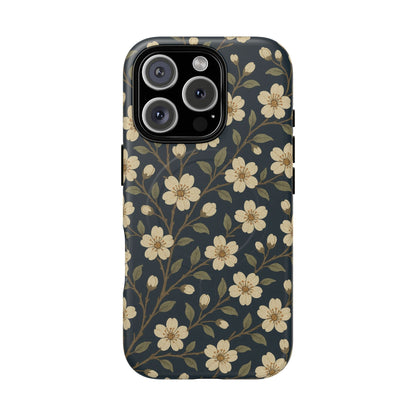 Navy Cherry Blossom Floral iPhone Case - Compatible with MagSafe