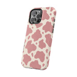 Rose Cowprint – Pink Cow Print MagSafe Phone Case, glossy square triple-camera Pro model, angled rear view