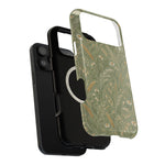 Golden Meadow – Sage Green Wildflower MagSafe Phone Case, glossy wide-camera Pro Max model, exploded shell and liner with magnetic ring