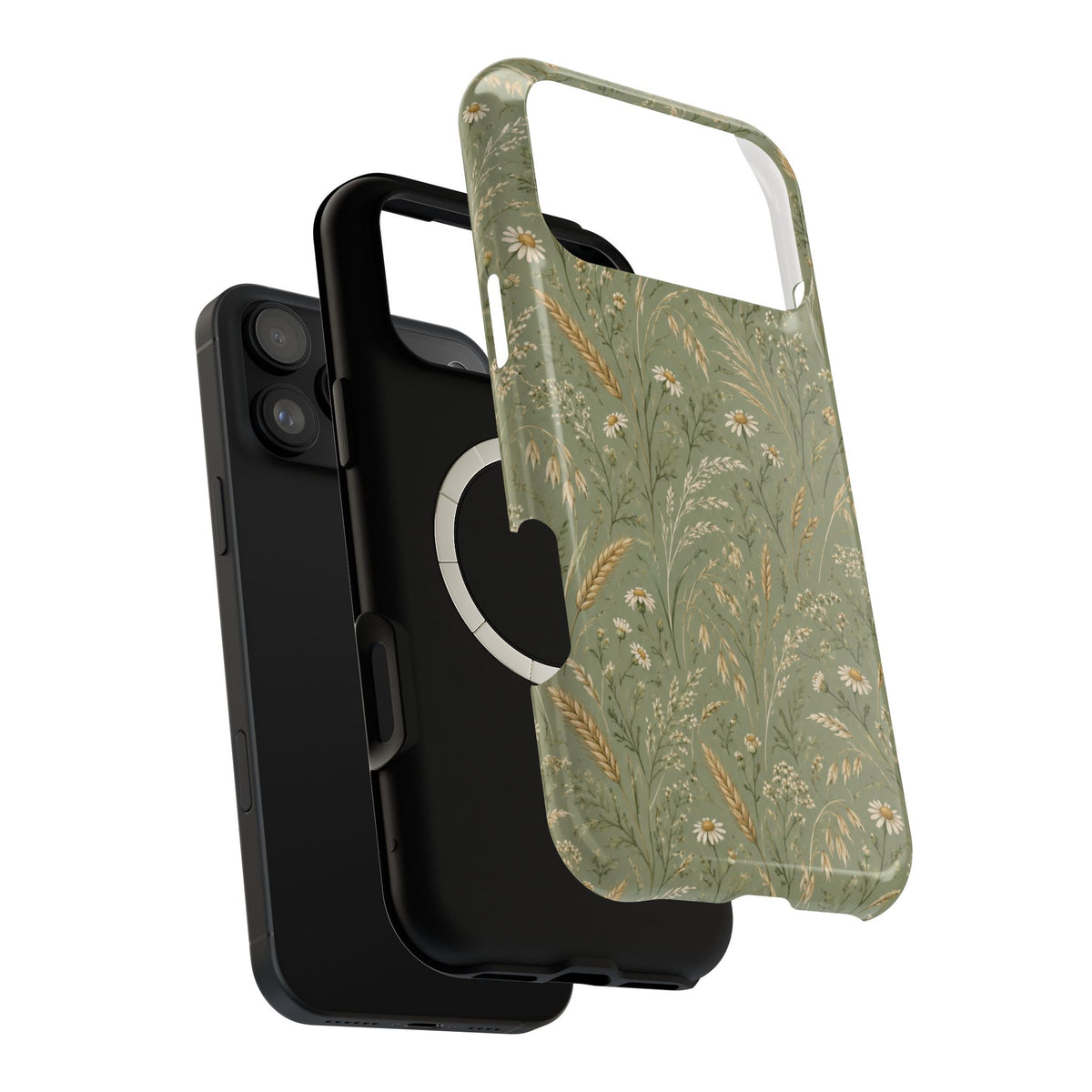 Golden Meadow – Sage Green Wildflower MagSafe Phone Case, glossy wide-camera Pro Max model, exploded shell and liner with magnetic ring