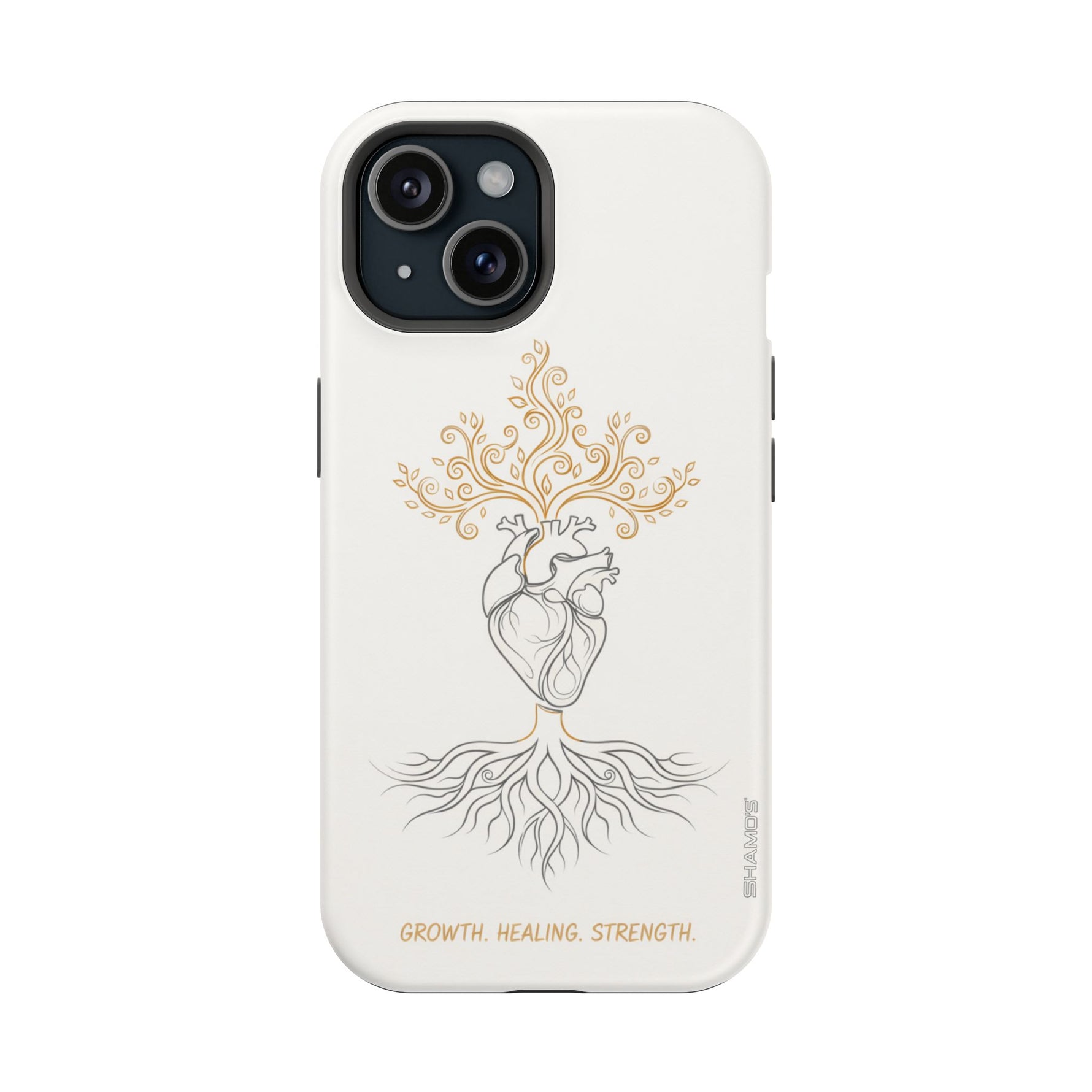 Minimalist Impact-Resistant iPhone Case, Heart Root Illustration ("Growth. Healing. Strength.") MagSafe Compatible - iPhone 15 / Matte - Shamo's
