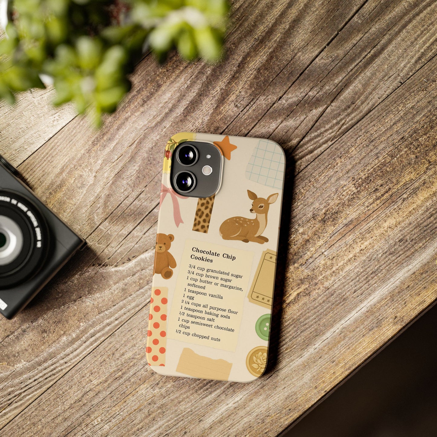 Slim iPhone Case — Cozy Baking & Teddy Pattern (Recipe, Deer, Buttons)