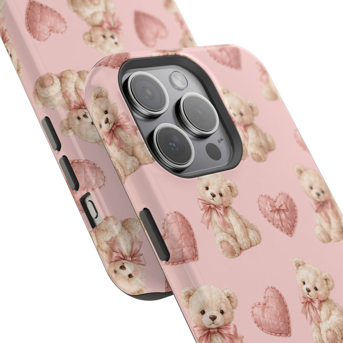 Pink Teddy Hearts Love iPhone Case, Impact-Resistant MagSafe Compatible
