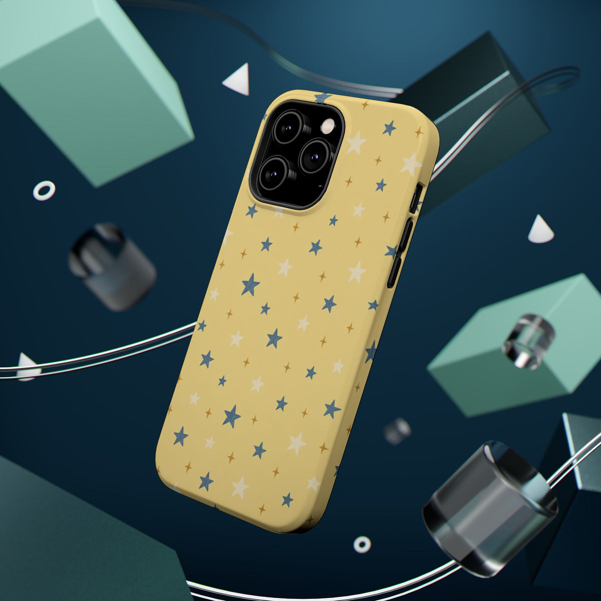 Prairie Stars – Yellow and Blue Star MagSafe Phone Case, glossy square triple-camera Pro model, rear view with magnetic accessories
