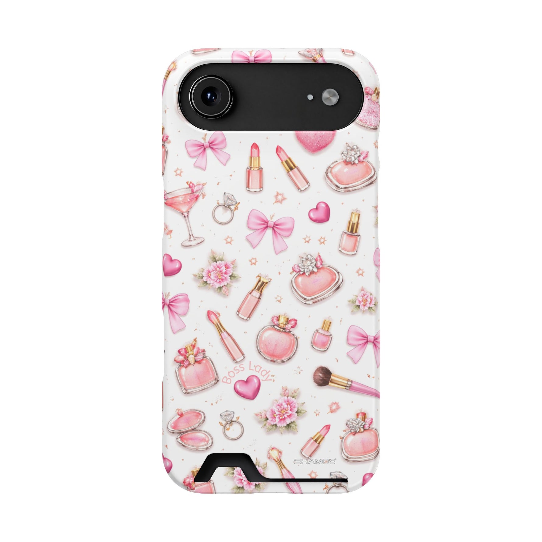 Boss Lady Pink Beauty iPhone Case with Card Slot, Makeup & Perfume Design