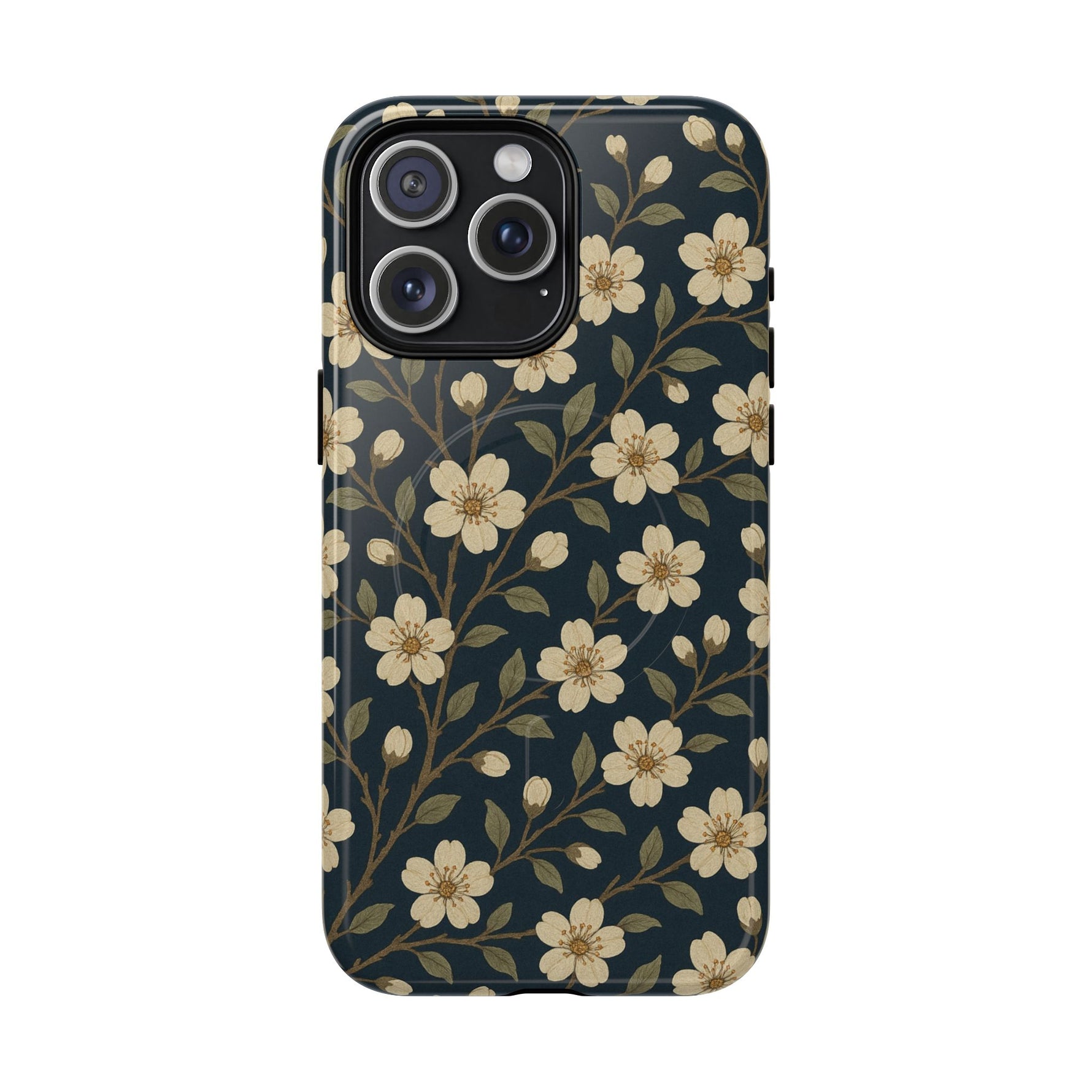 Navy Cherry Blossom Floral iPhone Case - Compatible with MagSafe - Shamo's