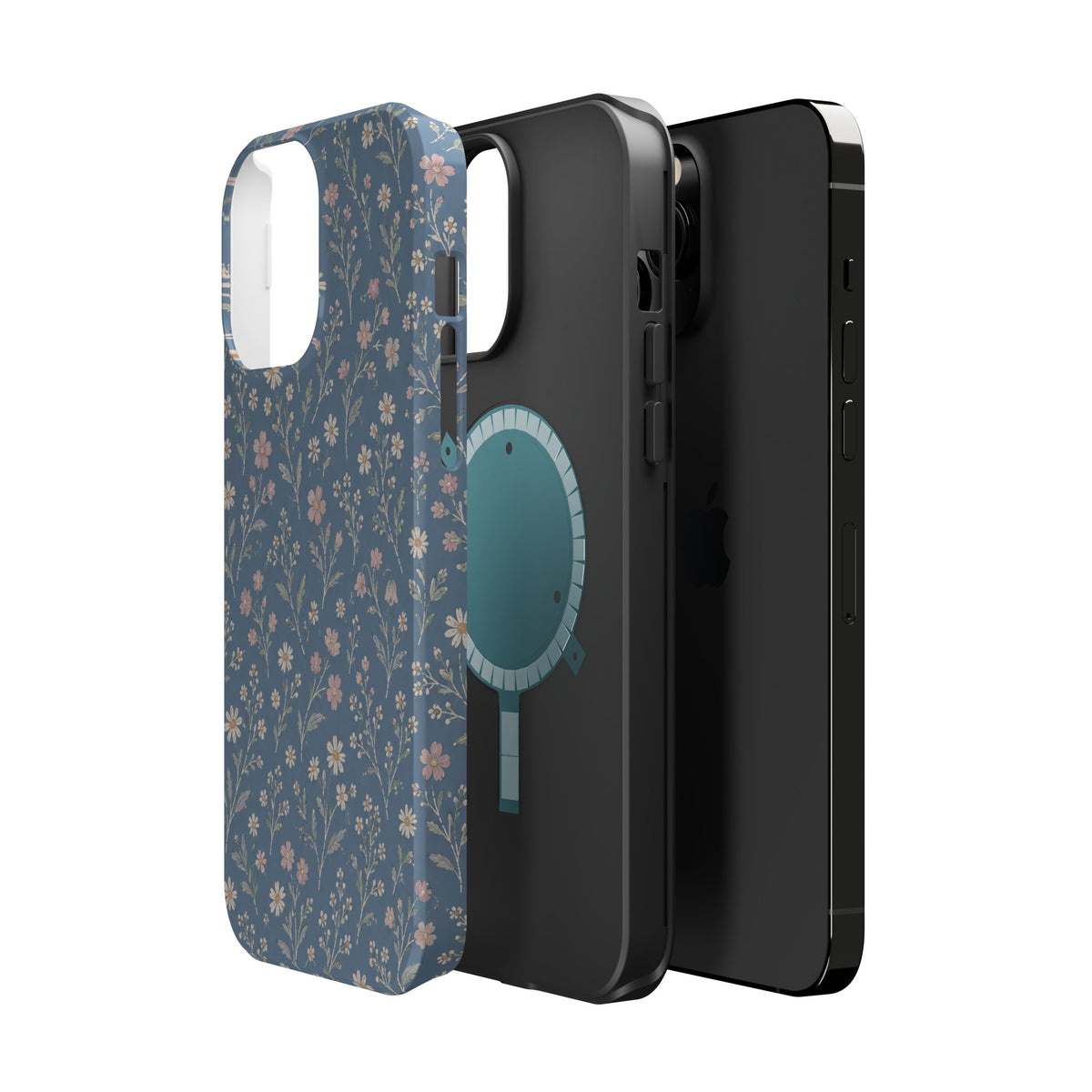 Denim Wildflowers MagSafe Phone Case, glossy square triple-camera Pro model, exploded shell and liner with magnetic ring