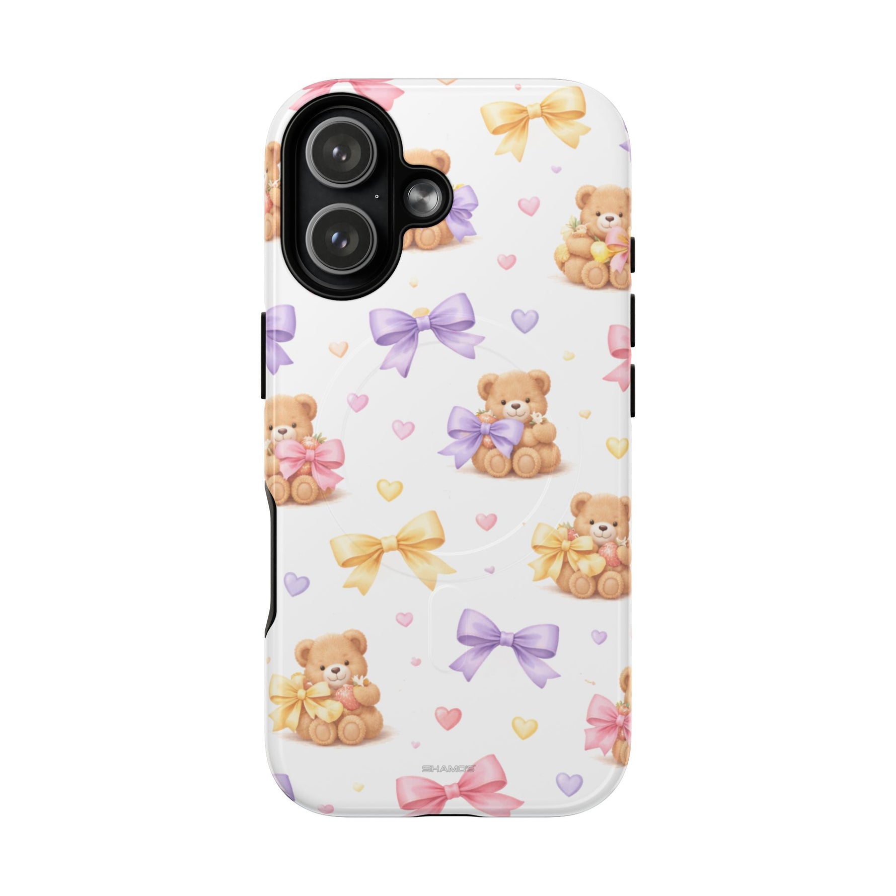 Smartphone case with cute teddy bear pattern and colorful bow variants on white background