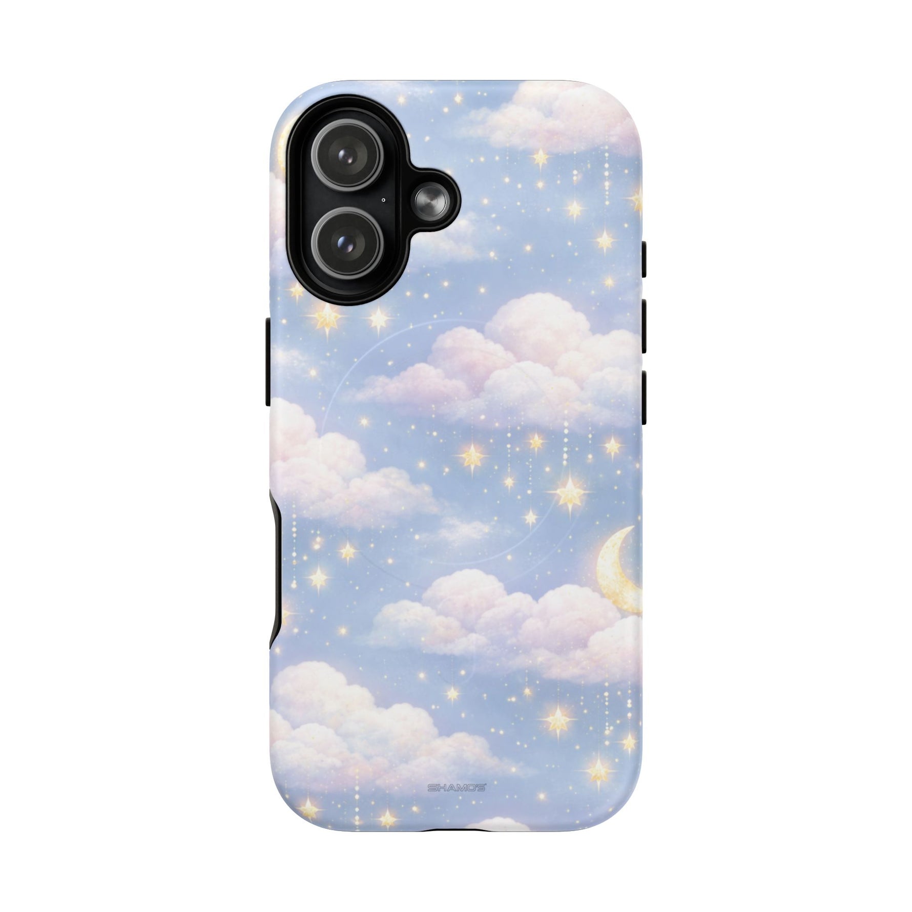 Phone case with soft blue sky design, fluffy clouds, stars, and crescent moon, variant size shown