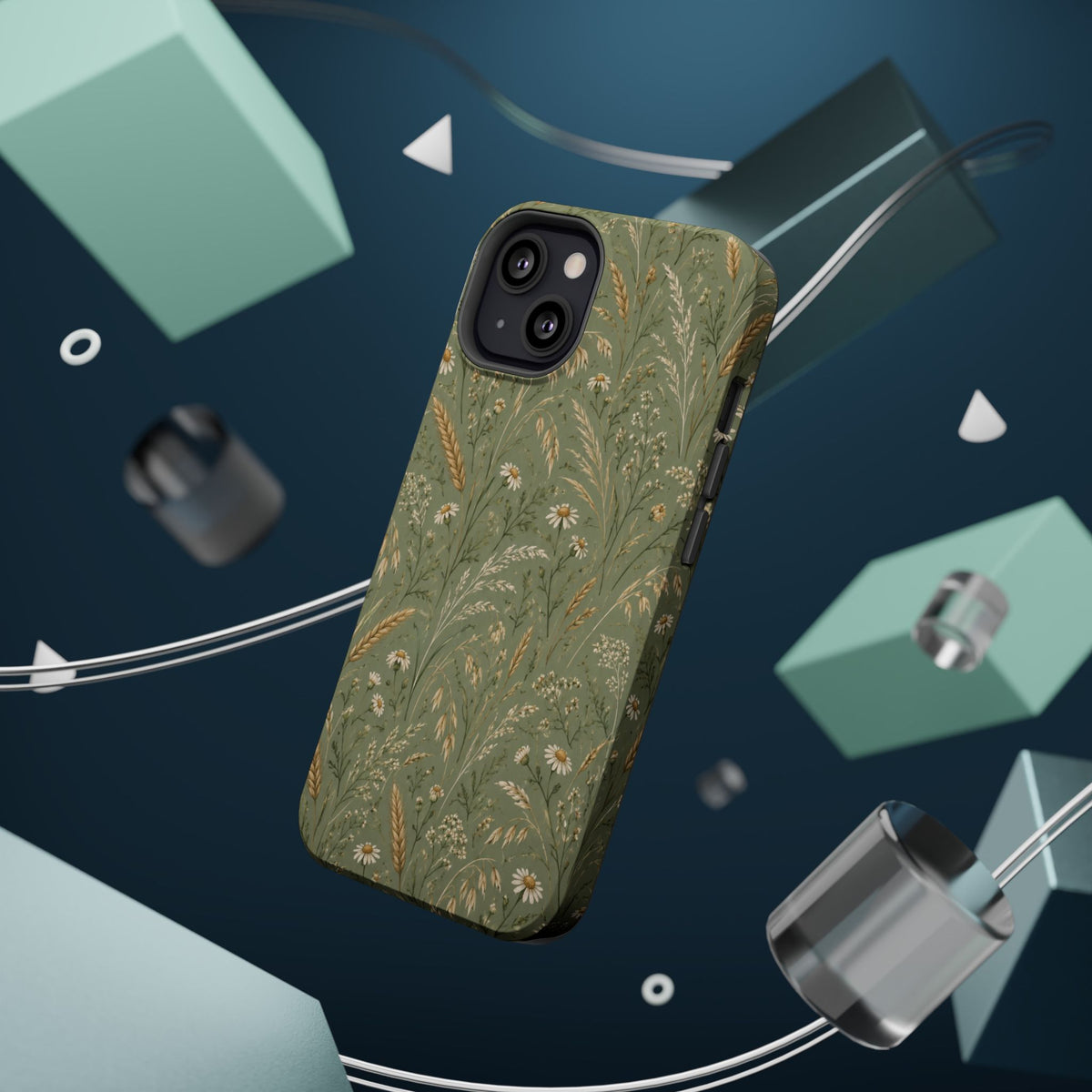 Golden Meadow – Sage Green Wildflower MagSafe Phone Case, glossy diagonal dual-camera model, rear view with magnetic accessories