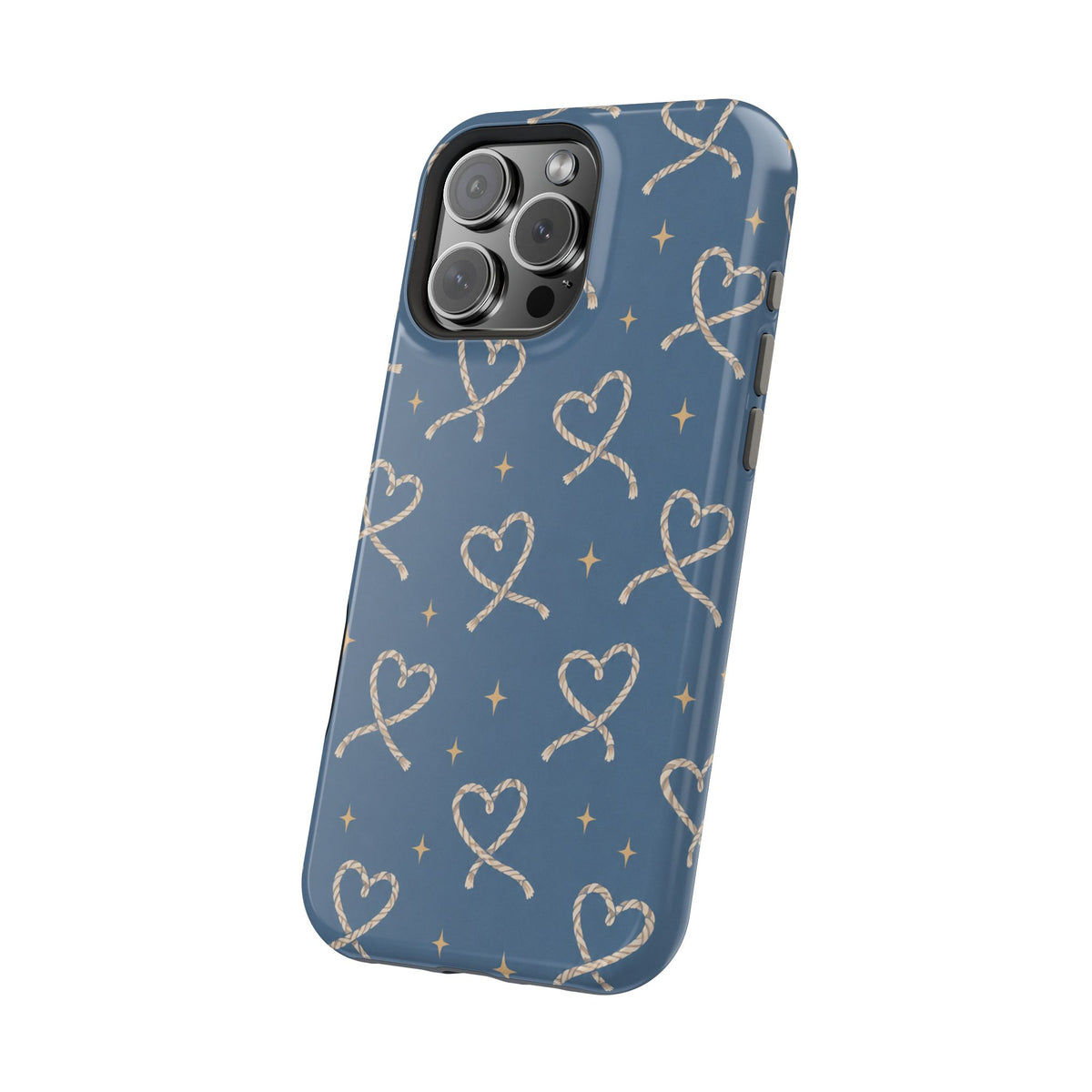 Lasso Hearts – Blue Western Heart MagSafe Phone Case, glossy square triple-camera Pro model, angled rear view